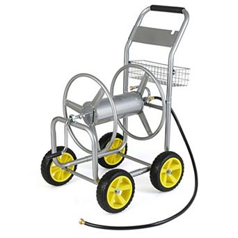 Metal Garden Hose Reel Cart with 4 Wheels and Storage Basket