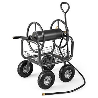 300FT Large Capacity Garden Hose Reel Cart with 4 Wheels and Storage Basket