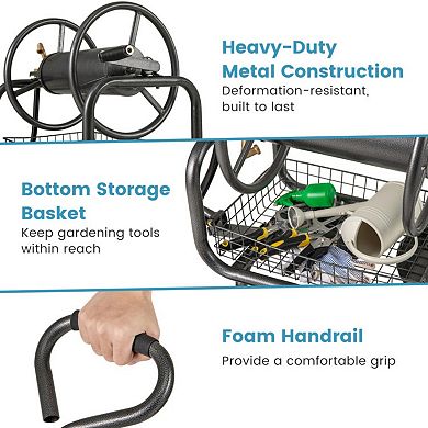 300FT Large Capacity Garden Hose Reel Cart with 4 Wheels and Storage Basket