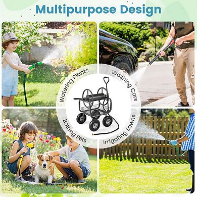 300FT Large Capacity Garden Hose Reel Cart with 4 Wheels and Storage Basket