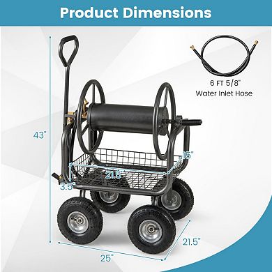 300FT Large Capacity Garden Hose Reel Cart with 4 Wheels and Storage Basket