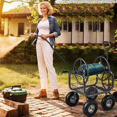 300FT Large Capacity Garden Hose Reel Cart with 4 Wheels and Storage Basket