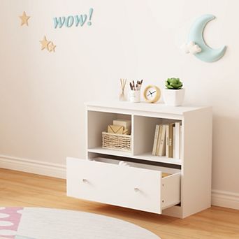 Kids Low Bookshelf with Large Drawer White Toy Organizer for Nursery & Playroom
