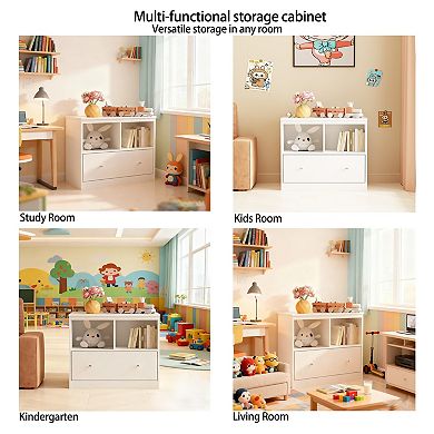 Kids Low Bookshelf with Large Drawer White Toy Organizer for Nursery & Playroom