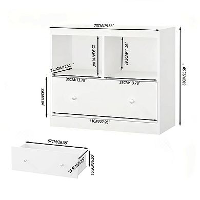 Kids Low Bookshelf with Large Drawer White Toy Organizer for Nursery & Playroom