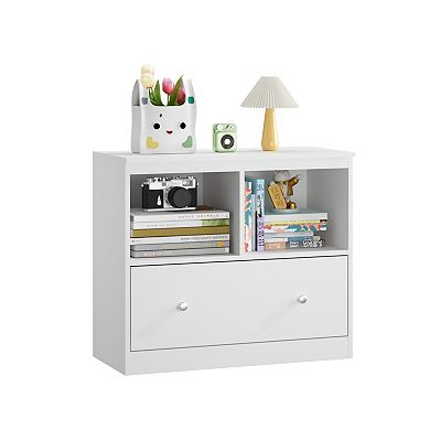 Kids Low Bookshelf with Large Drawer White Toy Organizer for Nursery & Playroom