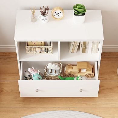 Kids Low Bookshelf with Large Drawer White Toy Organizer for Nursery & Playroom