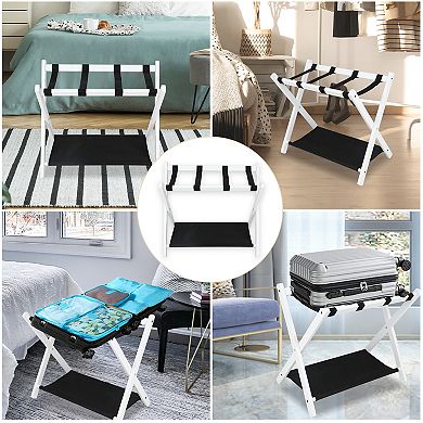 Set of 4 Folding Luggage Racks with Storage Shelf and Straps, for Bedroom and Hotel Use