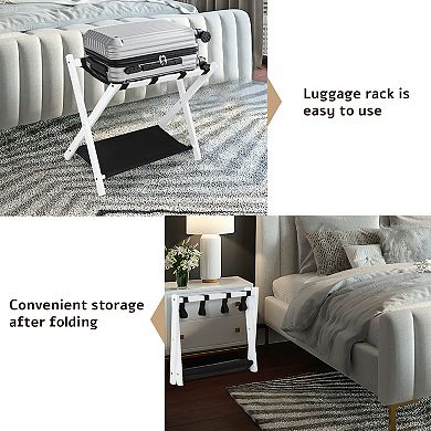 Set of 4 Folding Luggage Racks with Storage Shelf and Straps, for Bedroom and Hotel Use