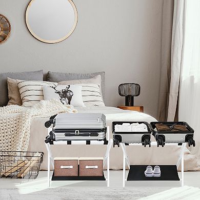 Set of 2 Folding Luggage Racks with Storage Shelf and Straps, for Bedroom and Hotel Use