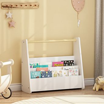 White 2 tier Toddler Bookshelf with Handle, Portable Book Organizer for Playroom