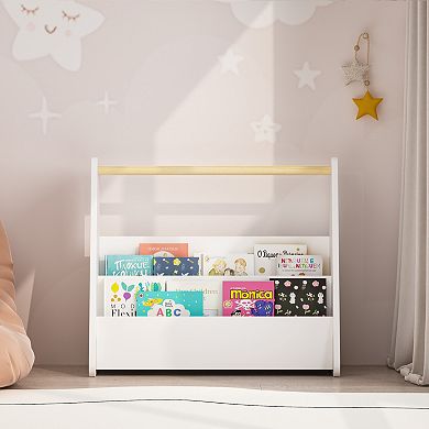 White 2-Tier Toddler Bookshelf with Handle, Portable Book Organizer for Playroom