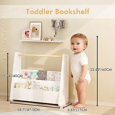 White 2-Tier Toddler Bookshelf with Handle, Portable Book Organizer for Playroom