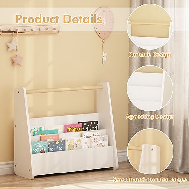White 2-Tier Toddler Bookshelf with Handle, Portable Book Organizer for Playroom