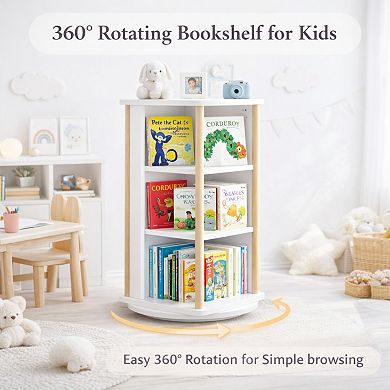 White & Natural 360° Rotating Kids Bookshelf with Chalkboard, 3-Tier Toy Organizer