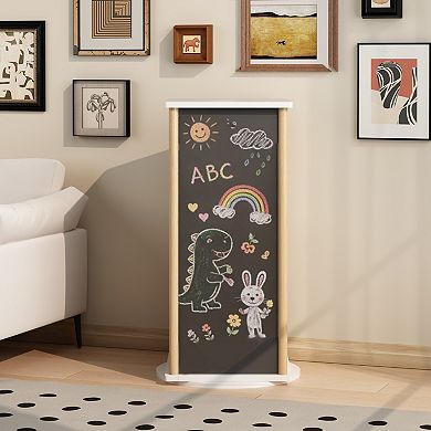 White & Natural 360° Rotating Kids Bookshelf with Chalkboard, 3-Tier Toy Organizer
