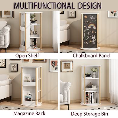 White & Natural 360° Rotating Kids Bookshelf with Chalkboard, 3-Tier Toy Organizer