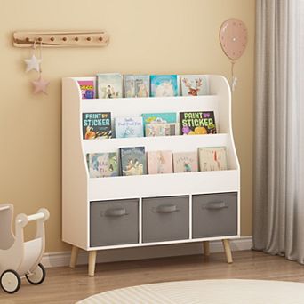 Kids Bookshelf with 3 Fabric Bins - Front-Facing Book Rack in White for Playroom