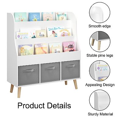 Kids Bookshelf with 3 Fabric Bins - Front-Facing Book Rack in White for Playroom