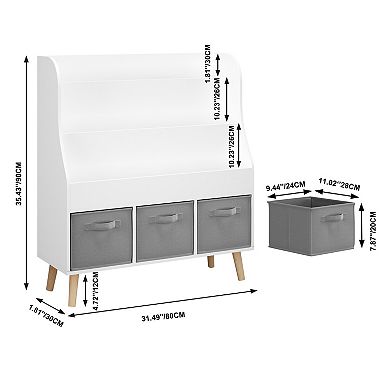 Kids Bookshelf with 3 Fabric Bins - Front-Facing Book Rack in White for Playroom