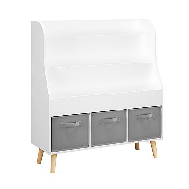 Kids Bookshelf with 3 Fabric Bins - Front-Facing Book Rack in White for Playroom