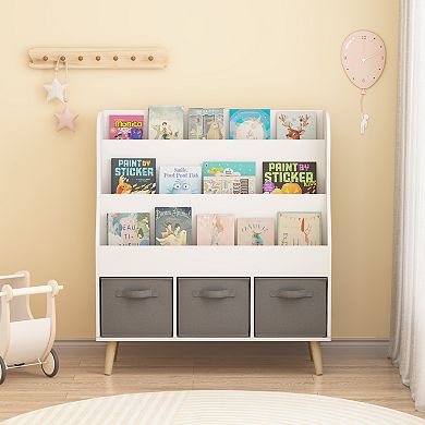Kids Bookshelf with 3 Fabric Bins - Front-Facing Book Rack in White for Playroom
