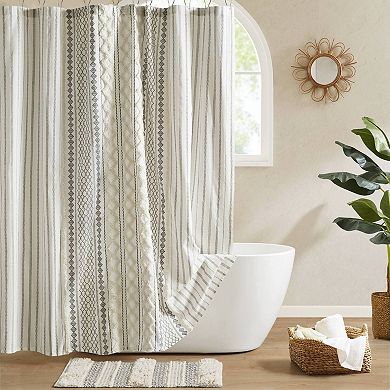1- Piece Cotton Printed Shower Curtain with Chenille 
