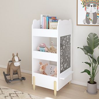 Kids Bookshelf with Chalkboard - 3 tier Bear Bookcase in White for Playroom