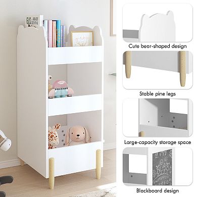 Kids Bookshelf with Chalkboard - 3-Tier Bear Bookcase in White for Playroom