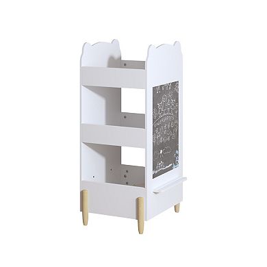 Kids Bookshelf with Chalkboard - 3-Tier Bear Bookcase in White for Playroom
