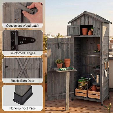 70" Tall Fir Wood Outdoor Storage Cabinet with Lockable Doors and Foldable Table