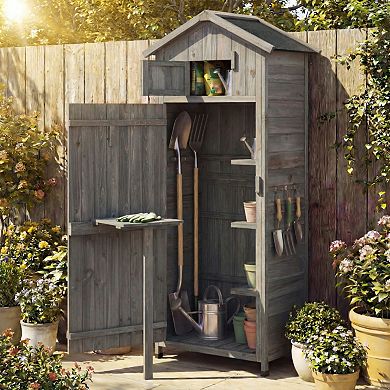 70" Tall Fir Wood Outdoor Storage Cabinet with Lockable Doors and Foldable Table