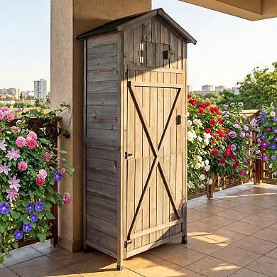 70" Tall Fir Wood Outdoor Storage Cabinet with Lockable Doors and Foldable Table
