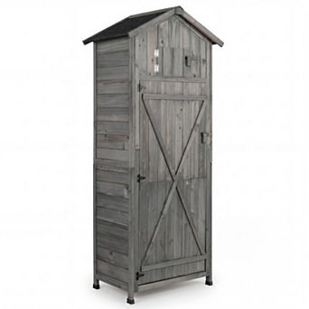 70" Tall Fir Wood Outdoor Storage Cabinet with Lockable Doors and Foldable Table