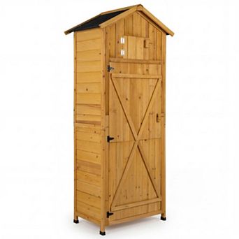 70" Tall Fir Wood Outdoor Storage Cabinet with Lockable Doors and Foldable Table