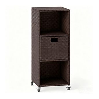 PE Rattan Outdoor Storage Cabinet with Drawer and Rolling Wheels