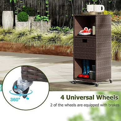 PE Rattan Outdoor Storage Cabinet with Drawer and Rolling Wheels