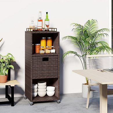 PE Rattan Outdoor Storage Cabinet with Drawer and Rolling Wheels