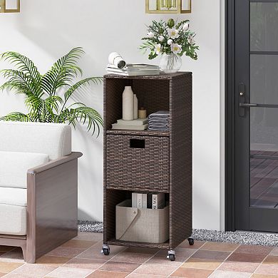 PE Rattan Outdoor Storage Cabinet with Drawer and Rolling Wheels
