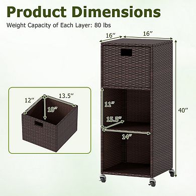 PE Rattan Outdoor Storage Cabinet with Drawer and Rolling Wheels