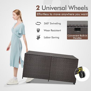 175 Gallon Outdoor Storage Box with Universal Wheels, Zippered Liner and PE Rattan Wicker