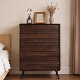 5-Drawer Modern Dresser w/ Fluted Panel Design, 48" Tall Wood Storage Chest for Bedroom Living Room