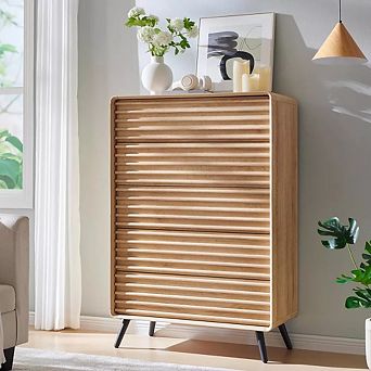 5-Drawer Modern Dresser w/ Fluted Panel Design, 48" Tall Wood Storage Chest for Bedroom Living Room