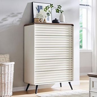 5-Drawer Modern Dresser w/ Fluted Panel Design, 48" Tall Wood Storage Chest for Bedroom Living Room