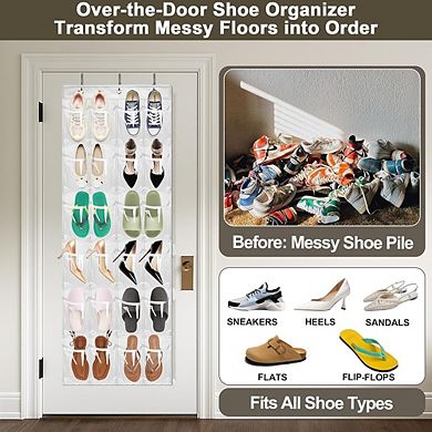 Over Door Hanging Shoe Organizer with 24 Clear Pockets and Metal Hooks