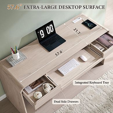63" Modern Executive Desk, Wood Computer Desk w/ Keyboard Tray & Charging Station, Home Office Desk