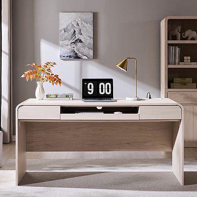 63" Modern Executive Desk, Wood Computer Desk w/ Keyboard Tray & Charging Station, Home Office Desk