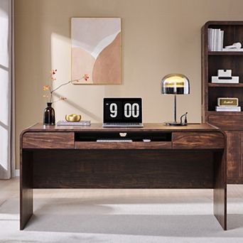 63" Modern Executive Desk, Wood Computer Desk w/ Keyboard Tray & Charging Station, Home Office Desk
