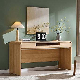63" Modern Executive Desk, Wood Computer Desk w/ Keyboard Tray & Charging Station, Home Office Desk