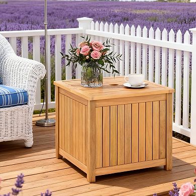 YIORTWO 2-in-1 Outdoor Side Table with Storage Acacia Wood Slatted Patio Table